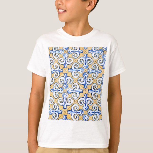 Spanish Tiles - Azulejo Blue, Yellow and White T-Shirt (Front)