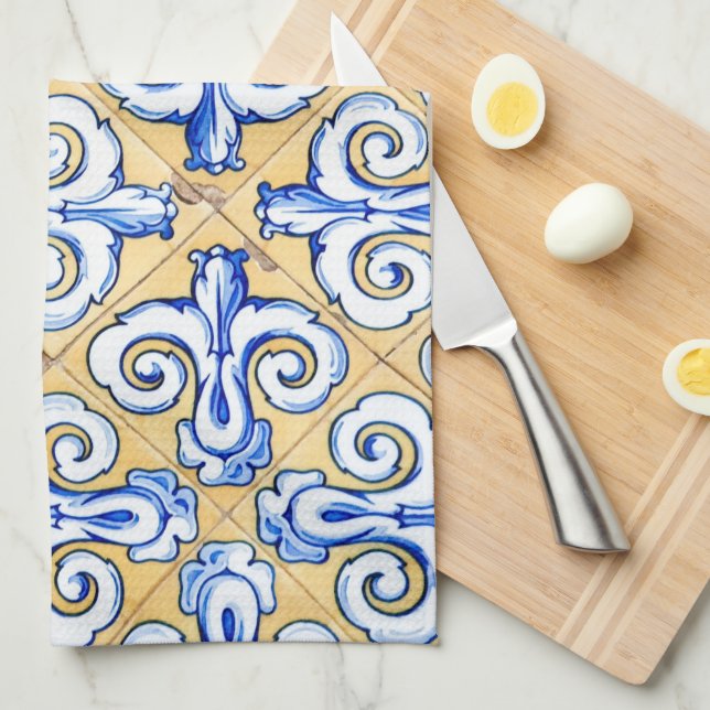 Spanish Tiles - Azulejo Blue, Yellow and White Tea Towel (Quarter Fold)