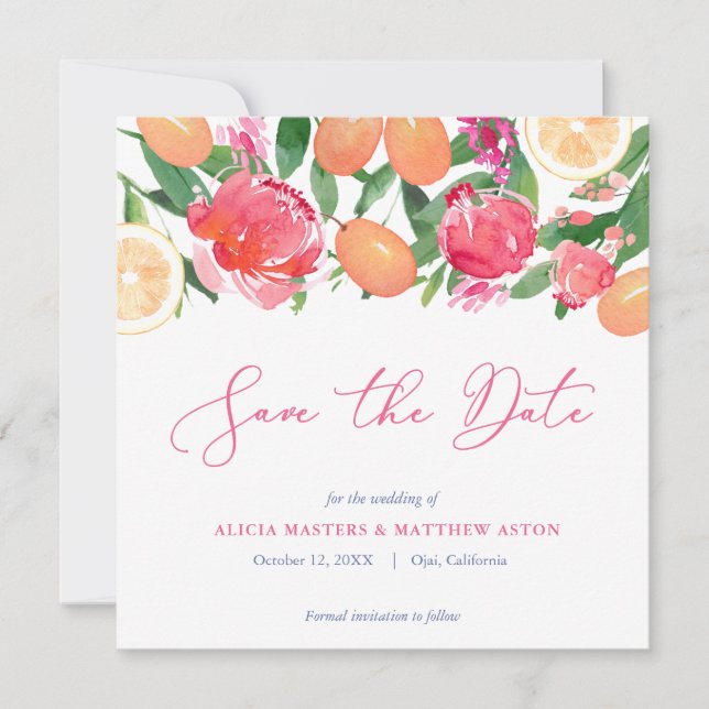 Spanish Tiles Vibrant Citrus Pink Orange Florals Save The Date (Front)