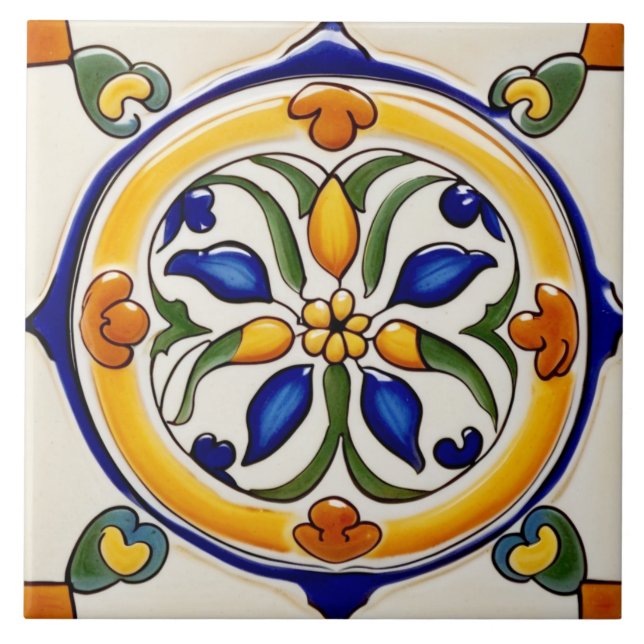 Spanish Traditional Yellow Green Blue and White Tile (Front)