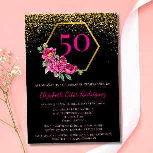 Spanish Trendy Chic Black Gold Pink 50th Birthday  Invitation