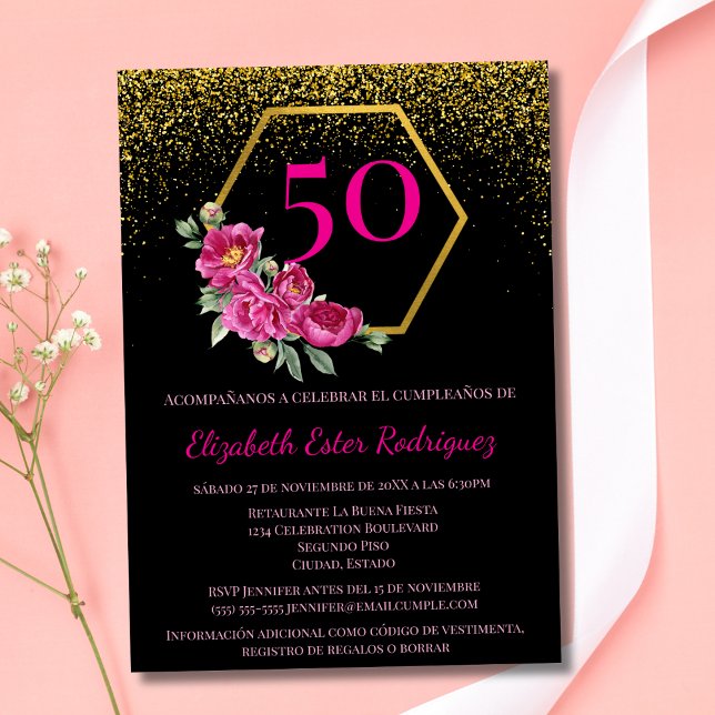 Spanish Trendy Chic Black Gold Pink 50th Birthday  Invitation (Creator Uploaded)