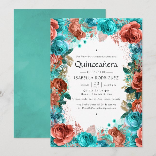 Spanish Turquoise and Coral Floral Quinceañera Invitation (Front/Back)
