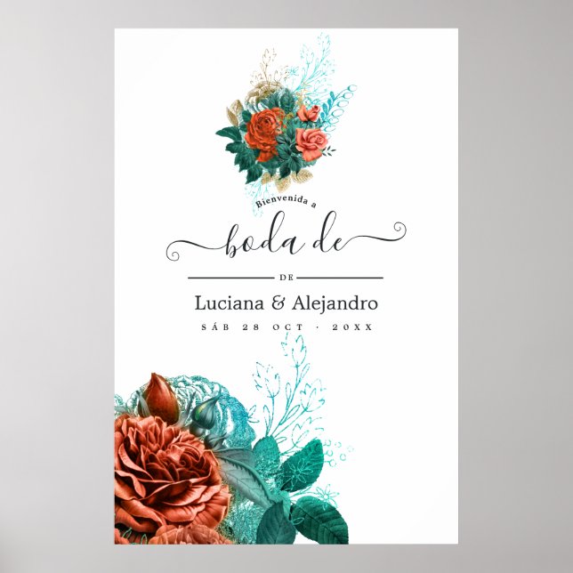 Spanish Turquoise and Coral Floral Wedding Welcome Poster (Front)