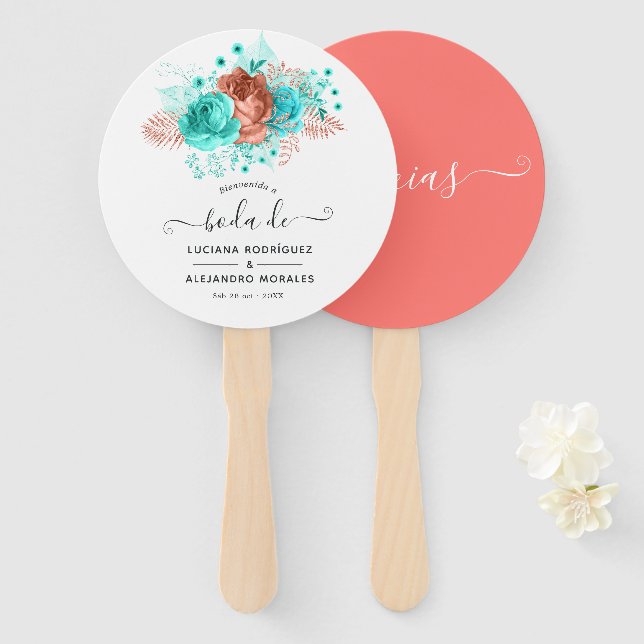 Spanish Turquoise and Coral Tropical Wedding Favou Hand Fan (Front and Back)