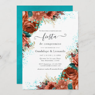 Spanish Turquoise & Coral Floral Engagement Party Invitation