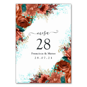 Spanish Turquoise - Teal and Coral Floral Table Number