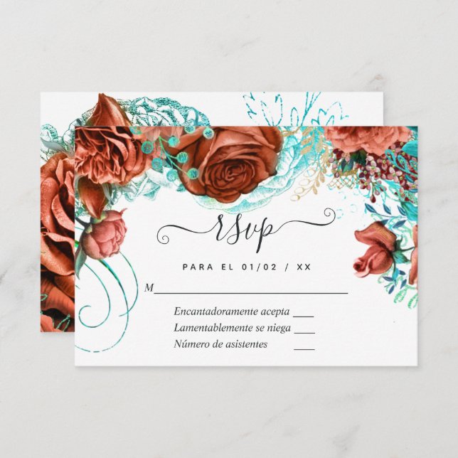 Spanish Turquoise - Teal and Coral Floral Wedding RSVP Card (Front/Back)