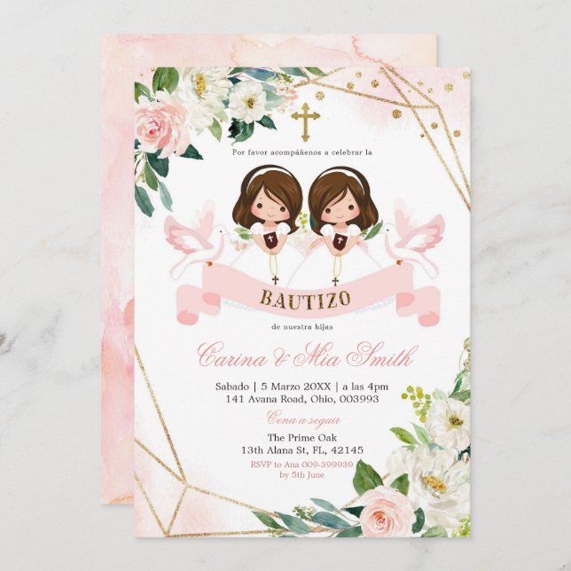 Spanish Twin Pink Gold Floral Bautizo Invitation (Front/Back)