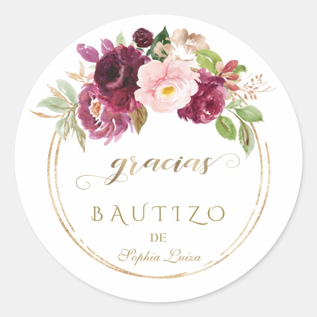 Spanish Unique Burgundy Blush Floral Gold Bautizo Classic Round Sticker (Front)