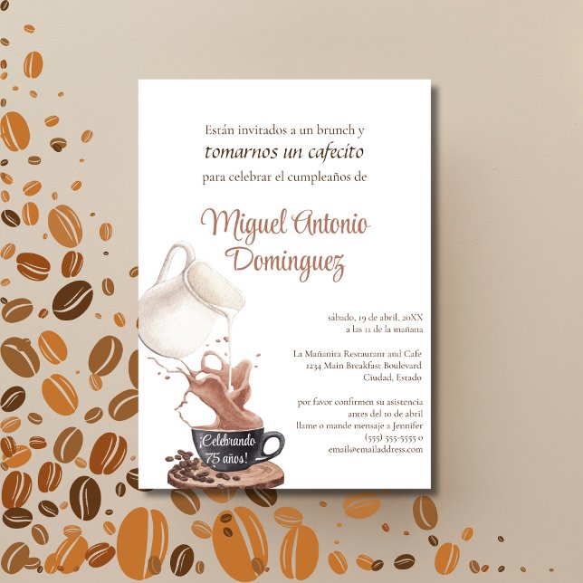 Spanish Unique Coffee Splash 75th Birthday Party  Invitation (Creator Uploaded)