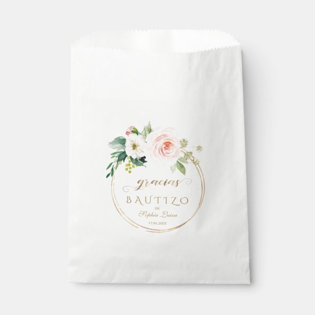 Spanish Unique Pink Blush Floral Gold Bautizo Favour Bags (Front)