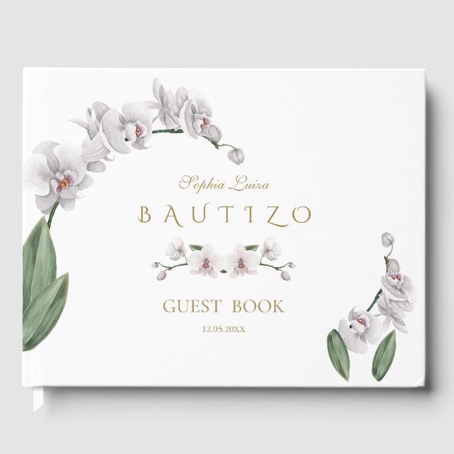 Spanish Unique White Orchid Flowers Bautizo Guest Book (Front)