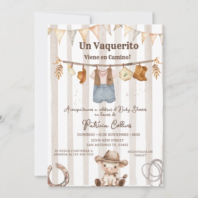 Spanish Vaquerito Cowboy Clothline Baby Shower Invitation (Front)