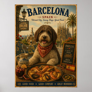 Spanish Water Dog in Barcelona Vintage Travel Post Poster