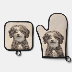Spanish Water Dog Painting Brown Bicolor Dog Art Oven Mitt & Pot Holder Set