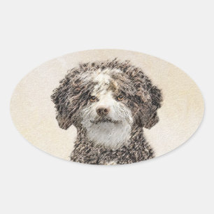 Spanish Water Dog Painting - Cute Original Dog Art Oval Sticker