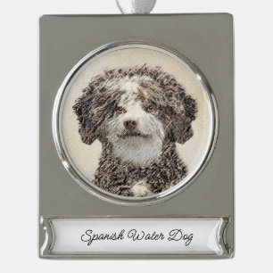 Spanish Water Dog Painting - Cute Original Dog Art Silver Plated Banner Ornament