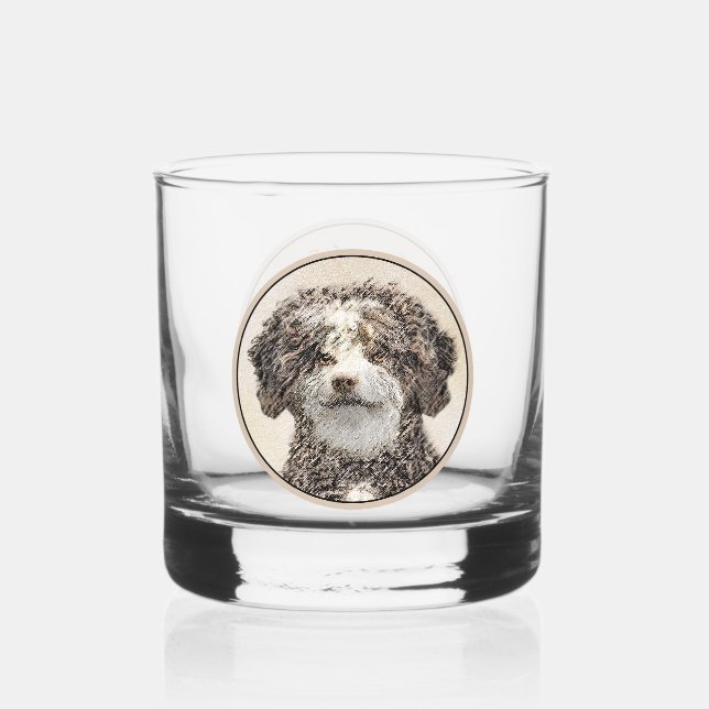 Spanish Water Dog Painting - Cute Original Dog Art Whiskey Glass (Front)