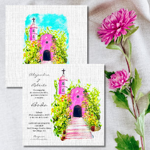 Spanish, Watercolor Chapel Mexican Wedding Invite