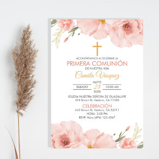 Spanish Watercolor Flowers First Communion Invitation