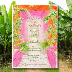 Spanish, Watercolor Tropical Pink Mexican Wedding Invitation