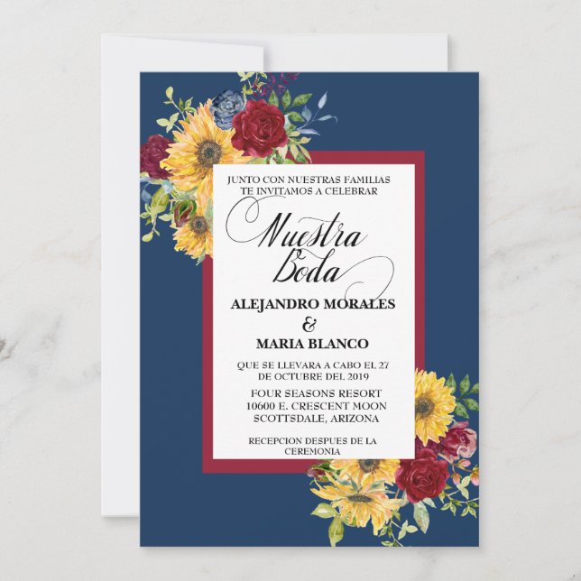 Spanish Wedding Burgundy Sunflower Nuestra Boda Invitation (Front)
