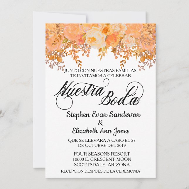Spanish Wedding Coral Flower Nuestra Boda   Invitation (Front)