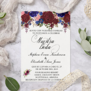 Spanish Wedding Rose Burgundy Navy Nuestra Boda Invitation