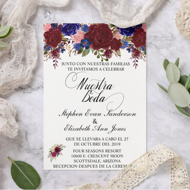 Spanish Wedding Rose Burgundy Navy Nuestra Boda Invitation (Creator Uploaded)