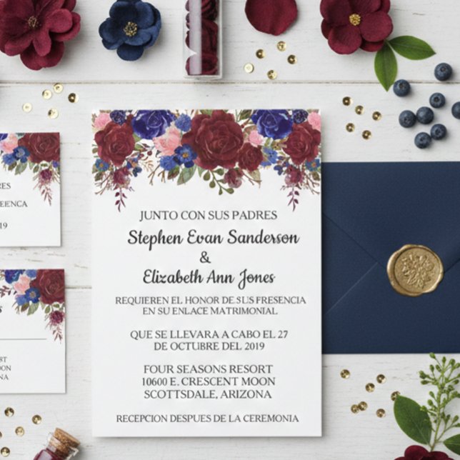Spanish Wedding Rose Burgundy Navy Watercolor Invitation (Creator Uploaded)