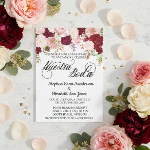 Spanish Wedding Rose Burgundy Pink Nuestra Boda Invitation