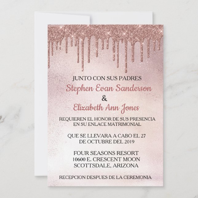 Spanish Wedding Rose Gold Glitter Drips Invitation (Front)