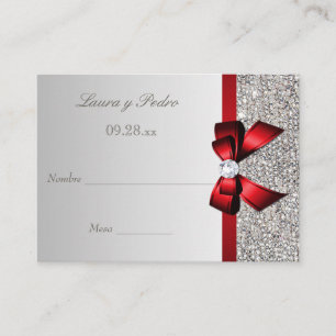 Spanish Wedding Silver Sequin Red Bow Seating Card