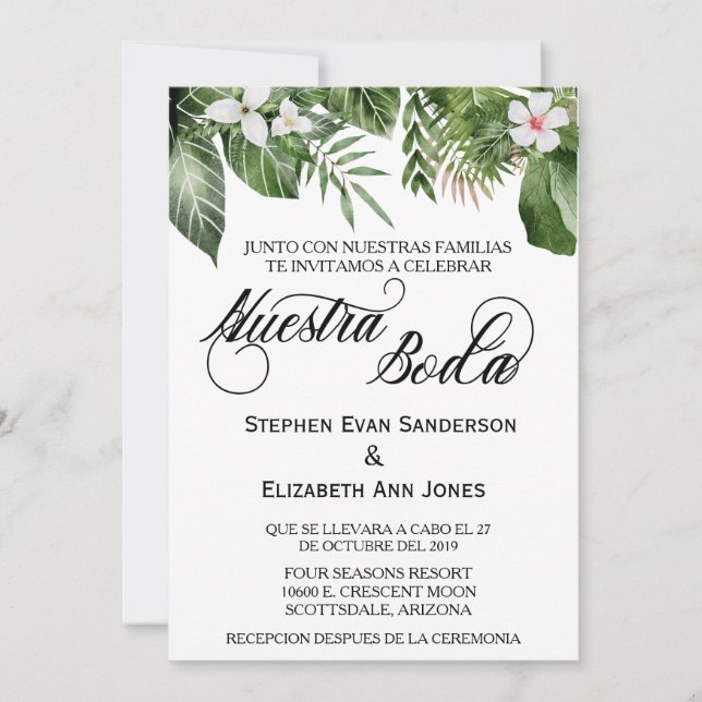 Spanish Wedding Tropical Leaves Nuestra Boda Invitation (Front)