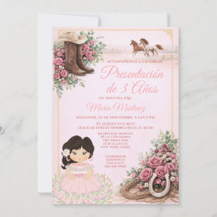Spanish Western Pink Floral Presentación de 3 Años Invitation