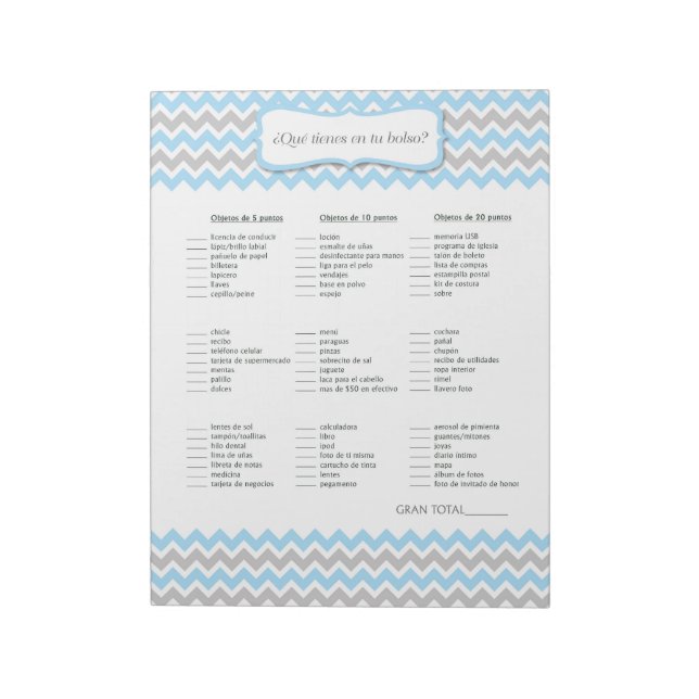 SPANISH What's in your purse Boy Baby Shower Game Notepad (Rotated)