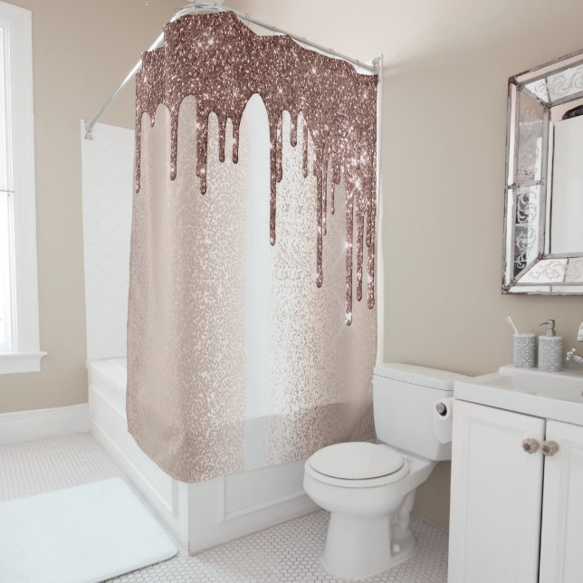 Spark Drip Glitter Effect Blush Rose Girly Brown Shower Curtain (In Situ)