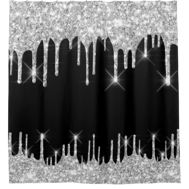Spark Drips Glitter Effect Black Silver Grey Shower Curtain (Front)