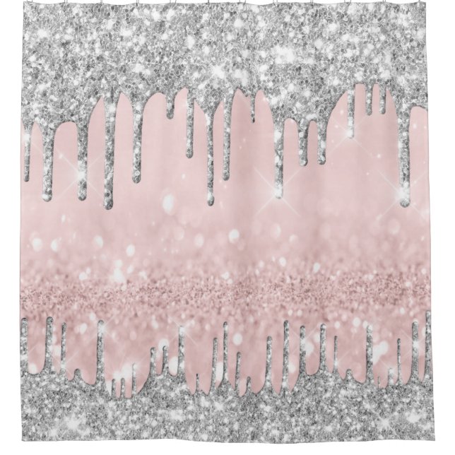 Spark Drips Glitter Effect Black Silver Pink Shower Curtain (Front)