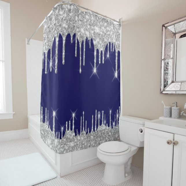 Spark Drips Glitter Effect Blue Navy Silver Grey Shower Curtain (In Situ)