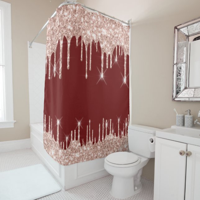 Spark Drips Glitter Effect Burgundy  Rose Gold Shower Curtain (In Situ)