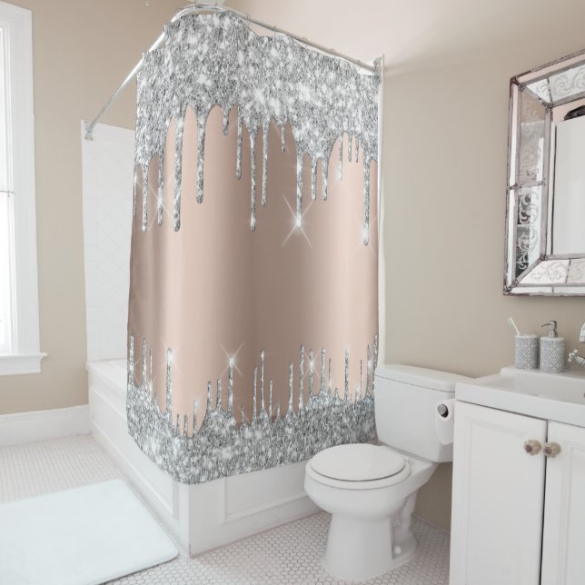 Spark Drips Glitter Effect Rose Silver Grey Shower Curtain (In Situ)