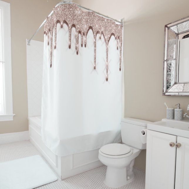 Spark Drips Glitter Rose 3d effect. Unique White Shower Curtain (In Situ)