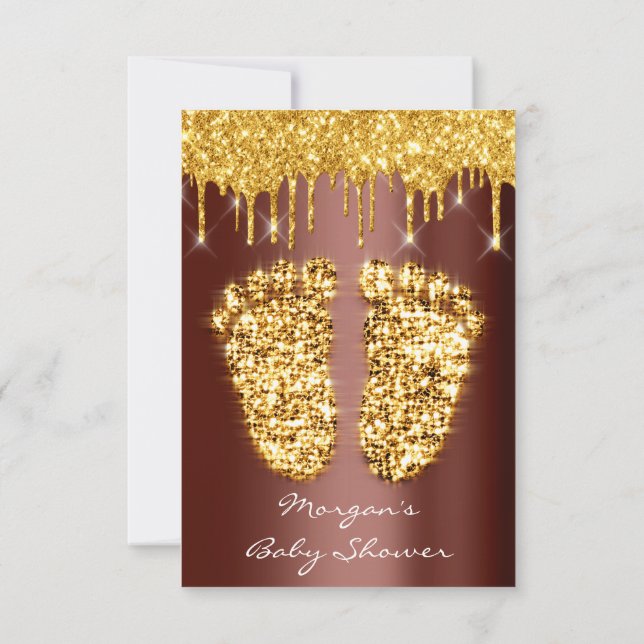 Spark Drips Gold Royal Brown Baby Shower Feet Boy Invitation (Back)