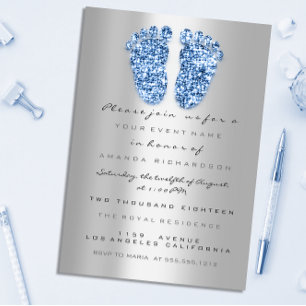 Spark Glitter Baby Shower Feet Blue Silver Invitation