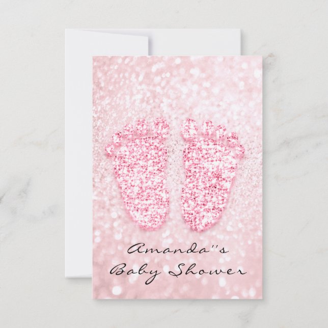 Spark Glitter Baby Shower Feet Pink Rose Girl Invitation (Back)