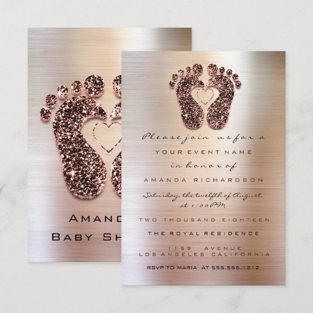 Spark Glitter Baby Shower Feet Rose Skinny Lux Invitation (Front/Back)