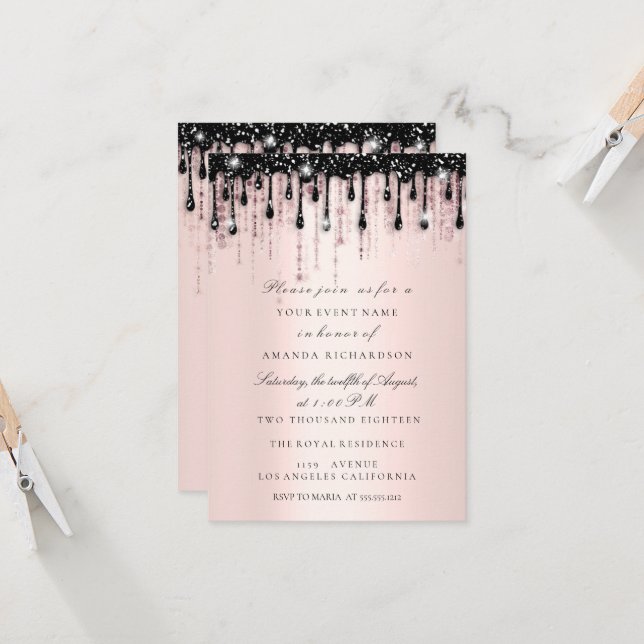 Spark Glitter Black Drips Rose Bridal Shower Blush Invitation (Front/Back In Situ)