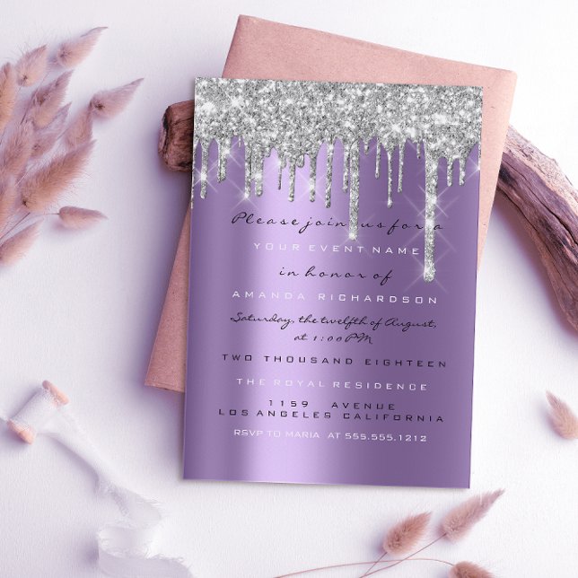 Spark Glitter Drip Silver Purple Grey  Bridal 16th Invitation (Creator Uploaded)